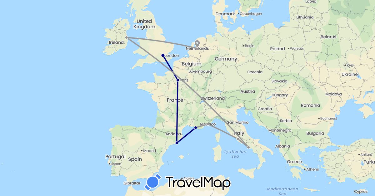 TravelMap itinerary: driving, plane in Spain, France, United Kingdom, Ireland, Italy, Monaco, Netherlands, Vatican City (Europe)